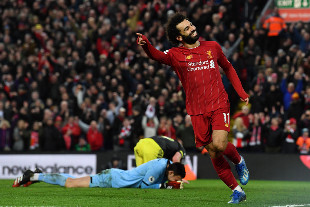Mohamed Salah melakukan selebrasi usai mencetak gol ke gawang Southampton.
