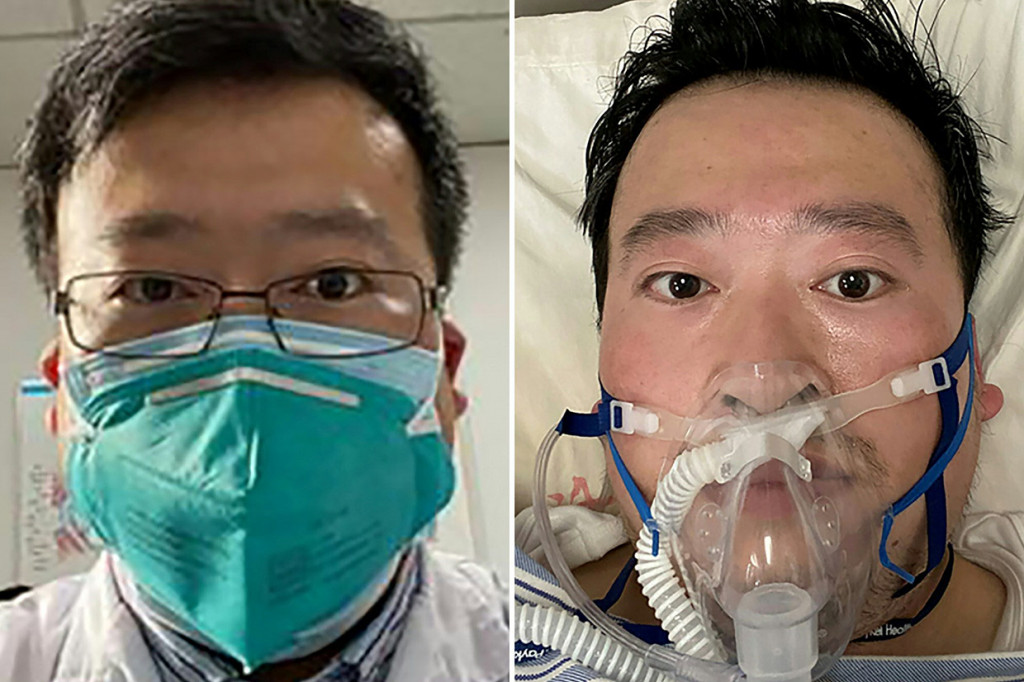 Foto dokter Li Wenliang saat masih bekerja menggunakan masker (kiri) dan saat menjalani perawatan di rumah sakit di Kota Wuhan, Tiongkok. Dokter Li, dokter pertama yang memberi peringatan kepada publik tentang wabah virus korona, meninggal akibat infeksi virus tersebut.