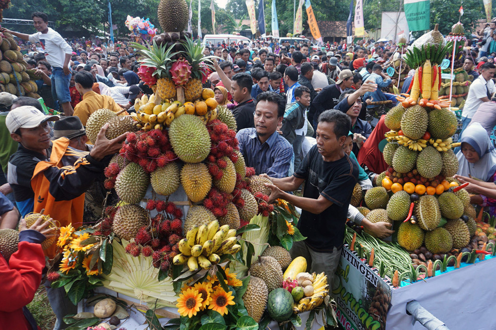 Warga berebut gunungan durian saat Festival Durian Lolong di Karanganyar, Kabupaten Pekalongan, Jawa Tengah. 