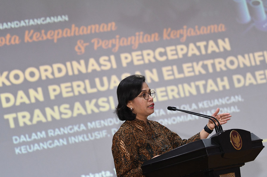 Menkeu Sri Mulyani Indrawati dalam sambutannya mendorong Pemerintah Daerah (Pemda) agar optimal dalam mengidentifikasi potensi pendapatan asli daerah setelah pemerintah memperluas elektronifikasi transaksi pemda (ETP).