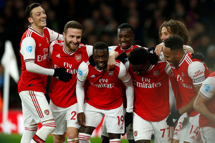 Pemain Arsenal Nicolas Pepe melakukan selebrasi usai mencetak gol ke gawang Newcastle United.