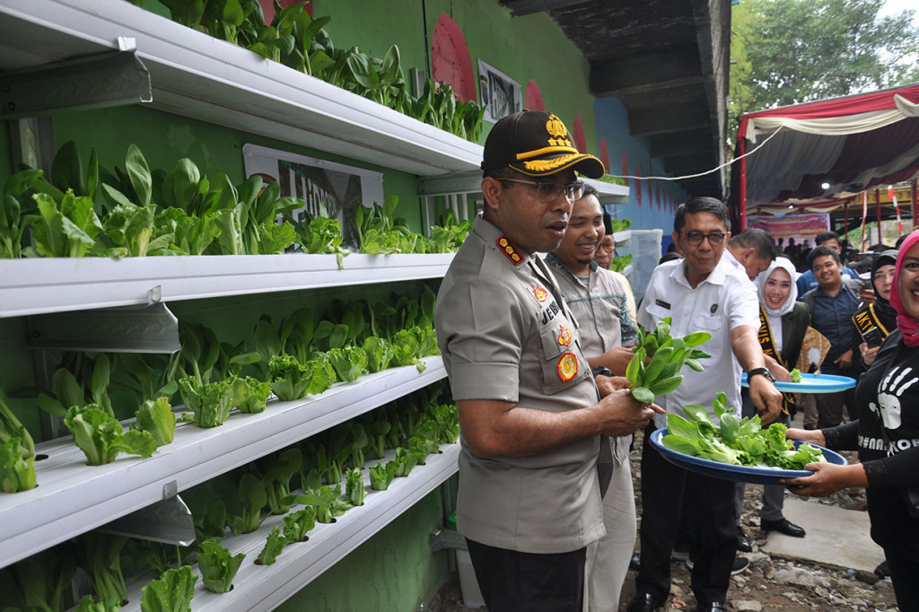 Kepala BNNP Sumut Brigjen Atrial (kanan) dan Kapolresta Medan Kombes Pol Jhonny Edison Isir bersama warga meninjau penanaman sayuran hidroponik di Kampung Bersih dari Narkoba (Bersinar) Sejahtera Medan, Sumatera Utara.