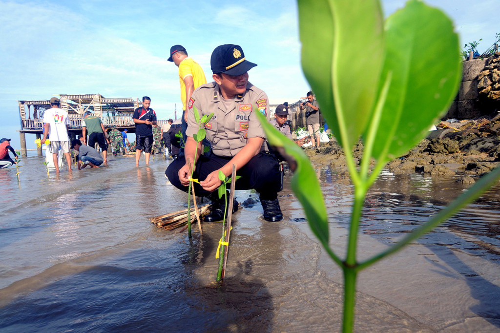 Polisi menanam bibit mangrove di Pantai Desa Banjar Talela, Sampang, Jawa Timur. ANTARA FOTO/Saiful Bahri