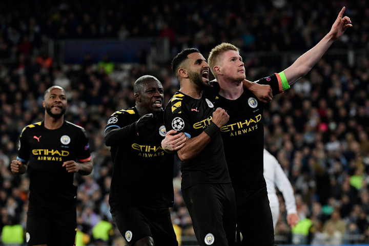 Kevin de Bruyne melakukan selebrasi usai mencetak gol ke gawang Real Madrid.