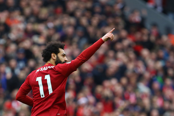 Mohamed Salah melakukan selebrasi usai mencetak gol ke gawang Bournemouth di menit ke-25.
