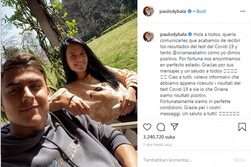 Melalui instagram pribadinya, Dybala mengonfirmasi bahwa ia dan pacarnya, Oriana Sabat ini, dinyatakan positif korona. foto: Instagram/Paulodybala