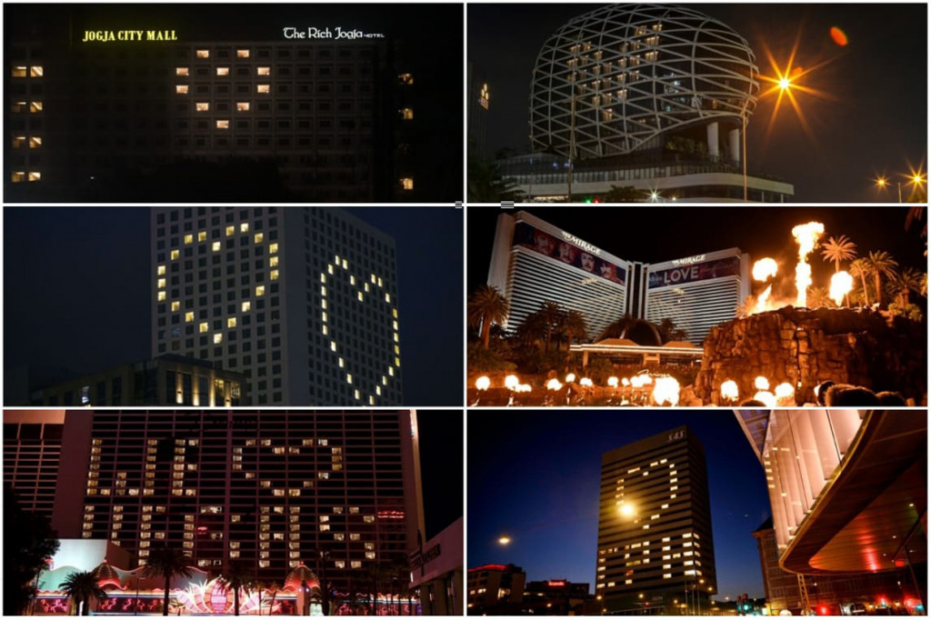 Kolase foto di kawasan pergedungan di Indonesia, Amerika Serikat, Denmark, yang menggambarkan tanda cinta dan dukungan serta harapan kepada semua pihak yang saat ini berjuang melawan virus Korona. Antara Foto/Andreas Fitri Atmoko/Fauzan/AFP Photo/Karen Ducey/Ethan Miller/Philip Davali