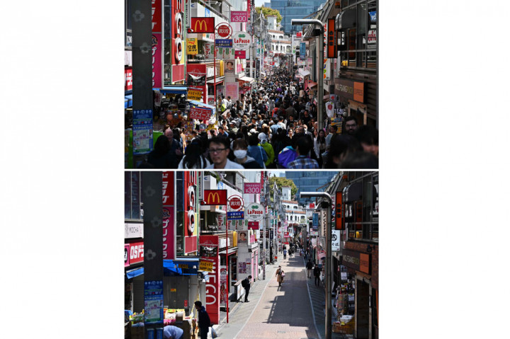 Foto combo perbandingan keadaan di Jalan Takeshita daerah Harajuku, Tokyo pada 5 April 2019 (atas) dan pada 8 April 2020, hari pertama pemberlakukan keadaan darurat akibat wabah covid-19.