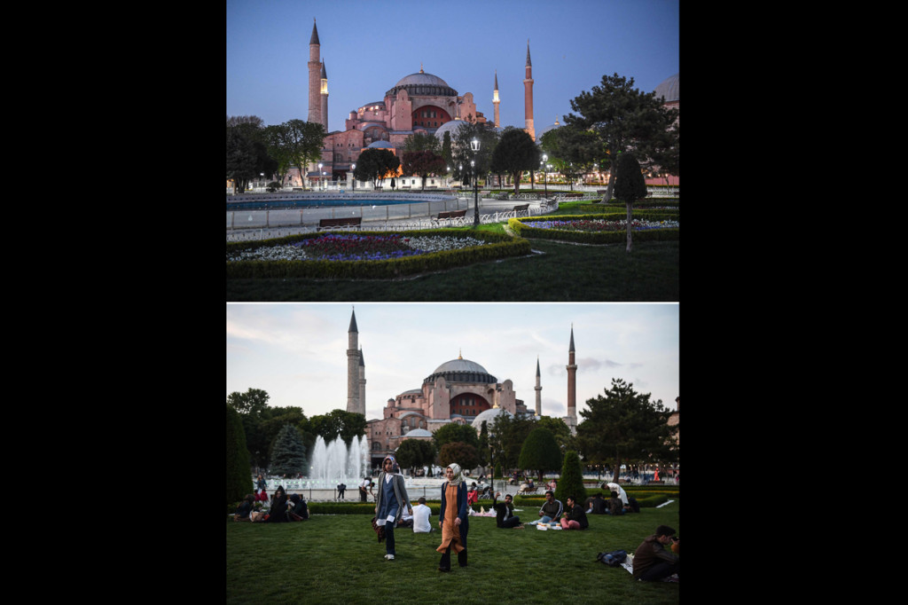 Foto kolase suasana Masjid Sultan Ahmed atau Masjid Biru sebelum adanya wabah Covid-19, dan suasana sepi di Masjid Biru.