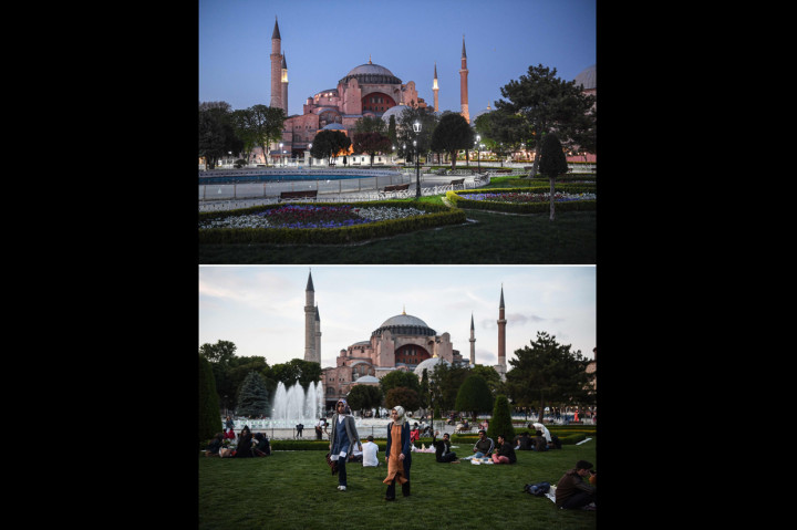 Foto kolase suasana Masjid Sultan Ahmed atau Masjid Biru sebelum adanya wabah Covid-19, dan suasana sepi di Masjid Biru.