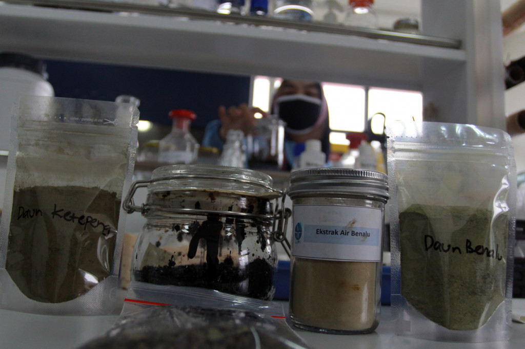 Seorang peniliti dari Lembaga Ilmu Pengetahuan Indonesia (LIPI) melakukan uji Lab penemuan obat herbal untuk penyembuhan Covid-19 dan penghambatan pertumbuhan virus corona di Lab Cara Pembuatan Obat Tradisional Baik (CPOTB) Pusat Penelitian Kimia LIPI, Serpong, Tangerang Selatan, Banten.