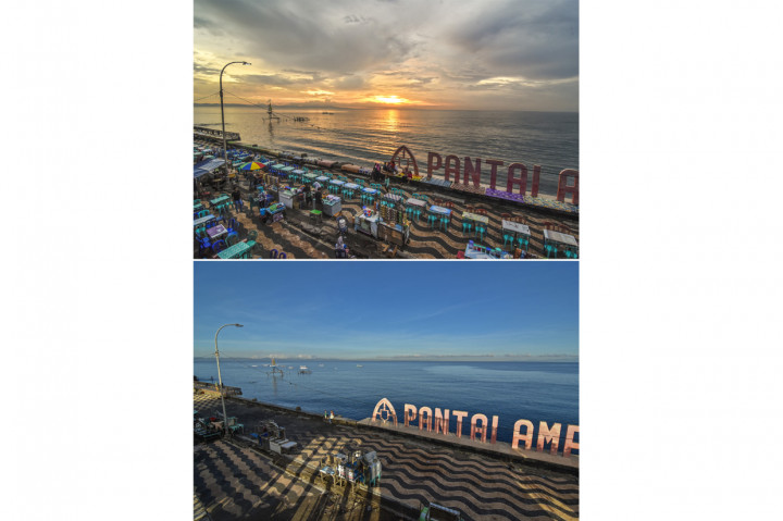 Foto kolase perbandingan suasana Pantai Ampenan sebelum adanya pandemi COVID-19 (atas) dan saat pandemi COVID-19 (bawah) di Taman Wisata Pantai Ampenan, Mataram, NTB, Senin, 25 Mei 2020. ANTARA Foto/Ahmad Subaidi