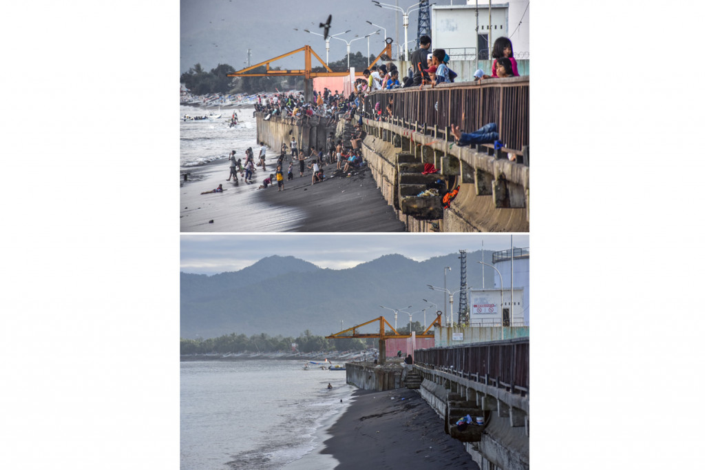 Pantai Ampenan yang biasanya ramai dikunjungi warga untuk berwisata libur lebaran saat ini sepi pengunjung akibat pandemi Covid-19. ANTARA Foto/Ahmad Subaidi
