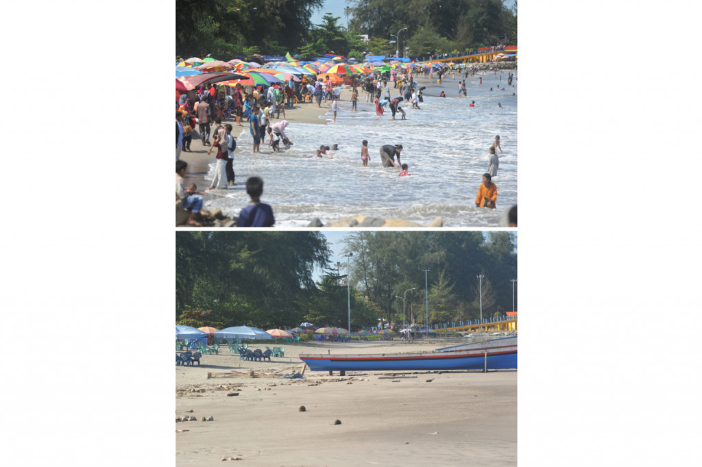 Foto kolase perbandingan suasana lebaran tahun lalu sebelum masa pandemi Covid-19 (atas) dan lebaran tahun 2020 (bawah) di Pantai Gandoriah, Pariaman, Sumatera Barat. ANTARA Foto/Iggoy el Fitra