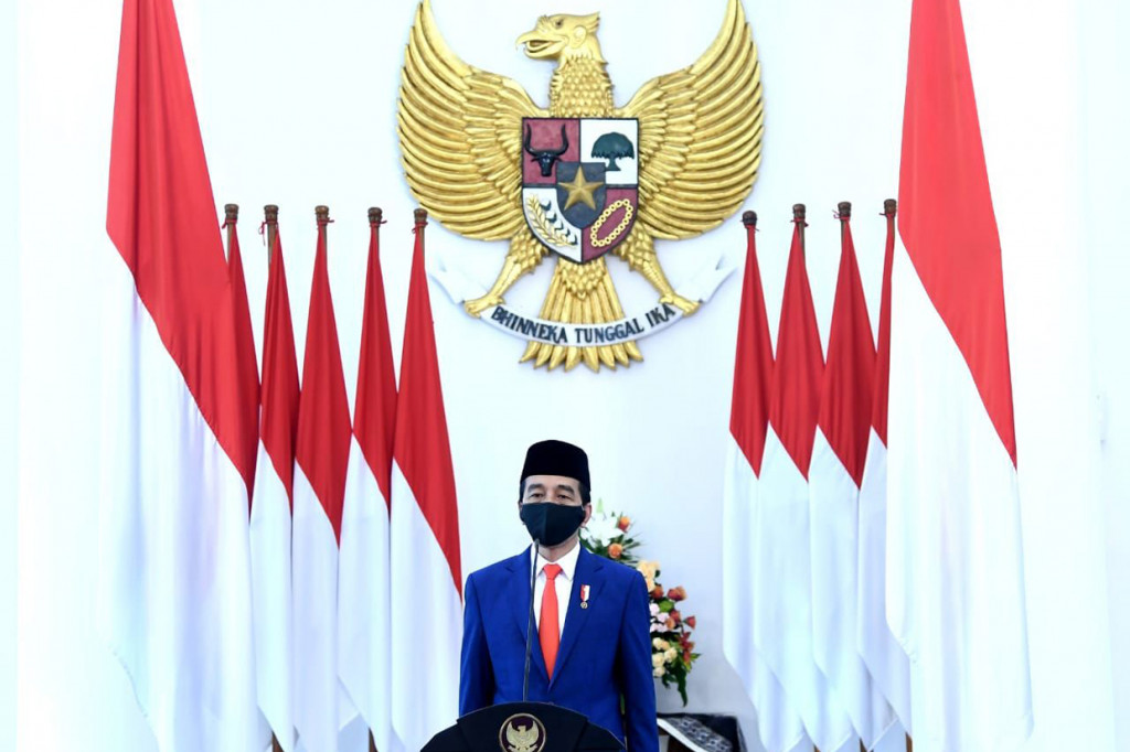 Presiden Joko Widodo memperingati Hari Lahir Pancasila yang digelar melalui telekonferensi dari Ruang Garuda, Istana Kepresidenan Bogor, Jawa Barat.