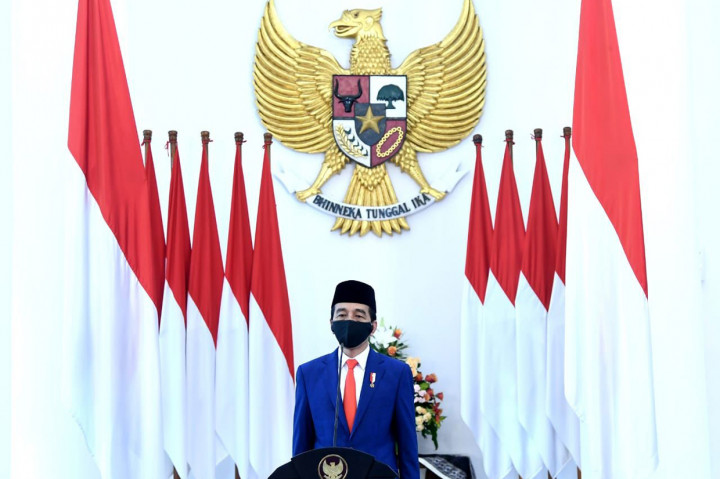 Presiden Joko Widodo memperingati Hari Lahir Pancasila yang digelar melalui telekonferensi dari Ruang Garuda, Istana Kepresidenan Bogor, Jawa Barat.