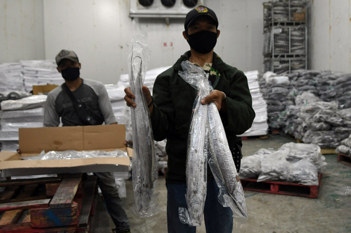 Pekerja menunjukkan produk perikanan hasil usaha kecil dan menengah (UKM) nelayan yang akan diekspor menuju Dongguan, Tiongkok, di gudang pendingin di Muara Baru, Penjaringan, Jakarta.