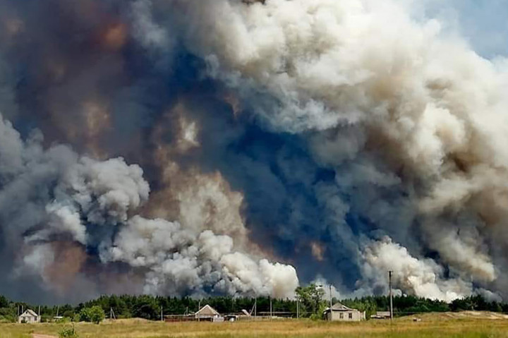Asap tebal akibat kebakaran hutan membubung ke angkasa di Distrik Novoaydarivsk, wilayah Lugansk, Ukraina, Selasa, 7 Juli 2020 waktu setempat.