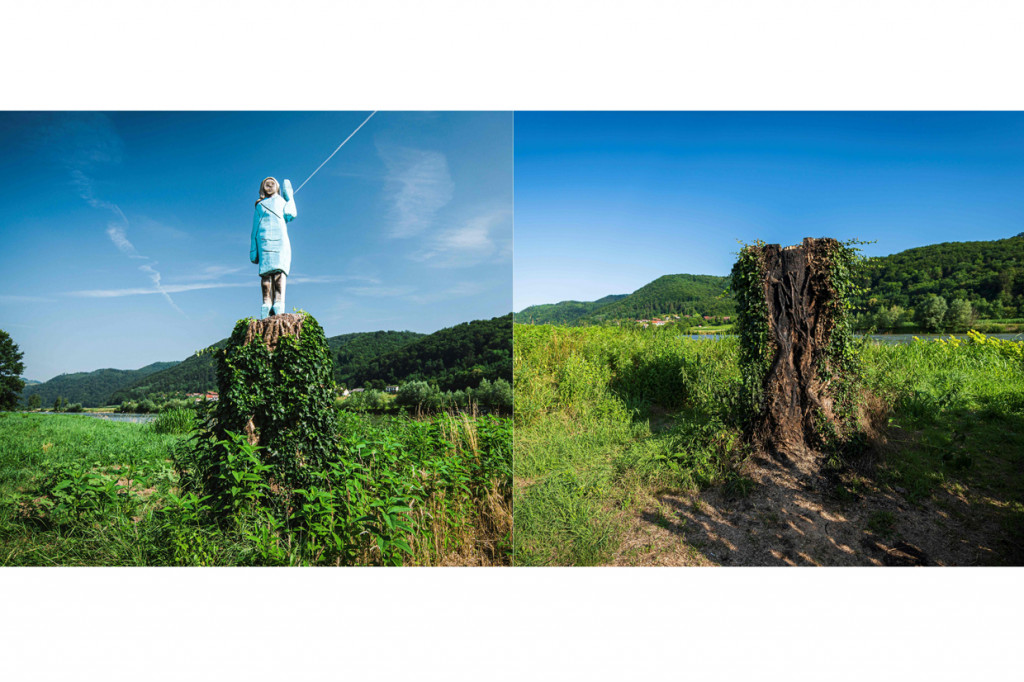 Kombinasi foto patung kayu yang berwujud Ibu Negara Amerika Serikat (AS) Melania Trump saat di foto pada 5 Juli 2019 (kiri) dan foto yang diambil pada 7 Juli 2020, menunjukkan batang pohon yang hangus di Sevnica, Slovenia, Swedia. 