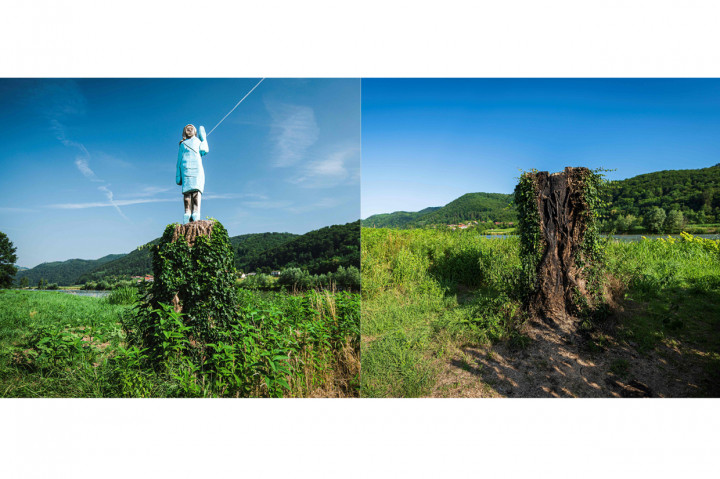 Kombinasi foto patung kayu yang berwujud Ibu Negara Amerika Serikat (AS) Melania Trump saat di foto pada 5 Juli 2019 (kiri) dan foto yang diambil pada 7 Juli 2020, menunjukkan batang pohon yang hangus di Sevnica, Slovenia, Swedia. 