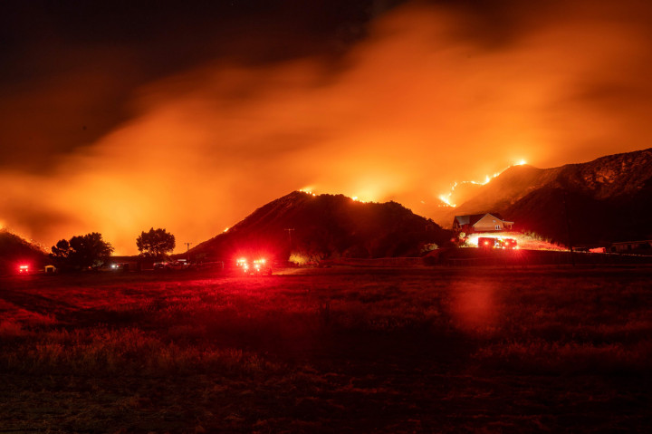 Kebakaran bernama Apple Fire yang berkobar sejak Jumat kemarin di dekat kota San Bernardino itu telah menghanguskan lebih dari 8.000 hektare lahan. AFP Photo/Josh Edelson