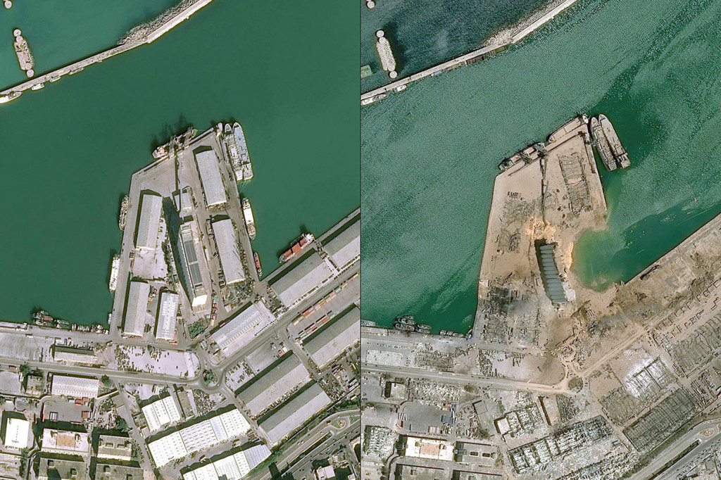 Gambar combo dari satelit milik Cnes 2020 yang dirilis pada 5 Agustus menunjukkan pemandangan pelabuhan Beirut pada 25 Januari 2020 (kiri) dan pada 5 Agustus 2020 sehari setelah ledakan dahsyat yang menimbulkan kehancuran di seluruh kota, menewaskan lebih dari 100 orang, melukai ribuan orang, dan membuat Lebanon semakin dalam ke dalam krisis.