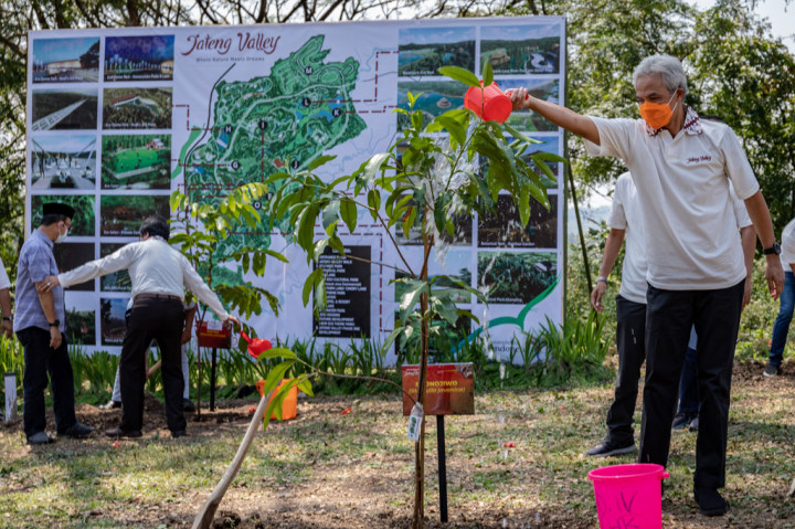 Gubernur Jateng Ganjar Pranowo (ketiga kanan) didampingi Direktur Utama Perum Perhutani Wahyu Kuncoro (kiri) dan Komisaris Utama PT Taman Wisata Jateng Prijo Handoko Rahardjo (kedua kanan) secara simbolis membuka tirai saat peletakan batu pertama pembangunan wisata Jateng Valley, di kawasan Wana Wisata Penggaron, Ungaran Timur, Kabupaten Semarang, Jawa Tengah, Sabtu, 15 Agustus 2020.