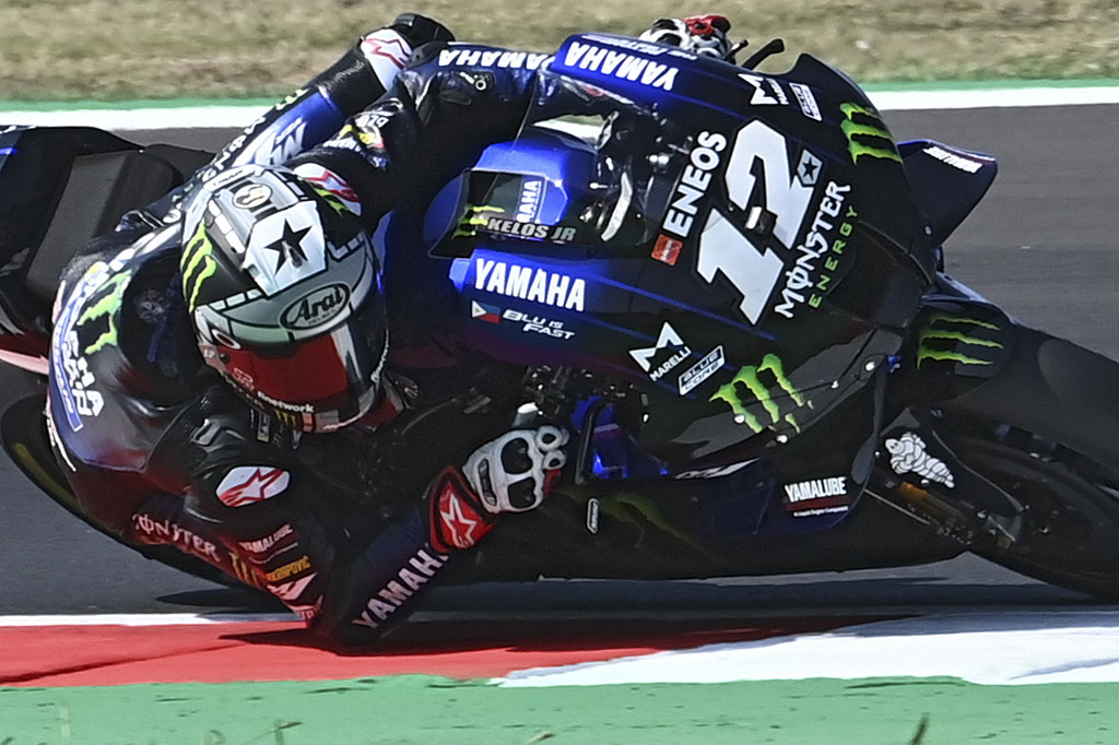 Maverick Vinales bersaing ketat dengan tiga pebalap Yamaha lainnya untuk merebut pole position Grand Prix San Marino di Sirkuit Misano, Italia, Sabtu, 12 September 2020 malam WIB.