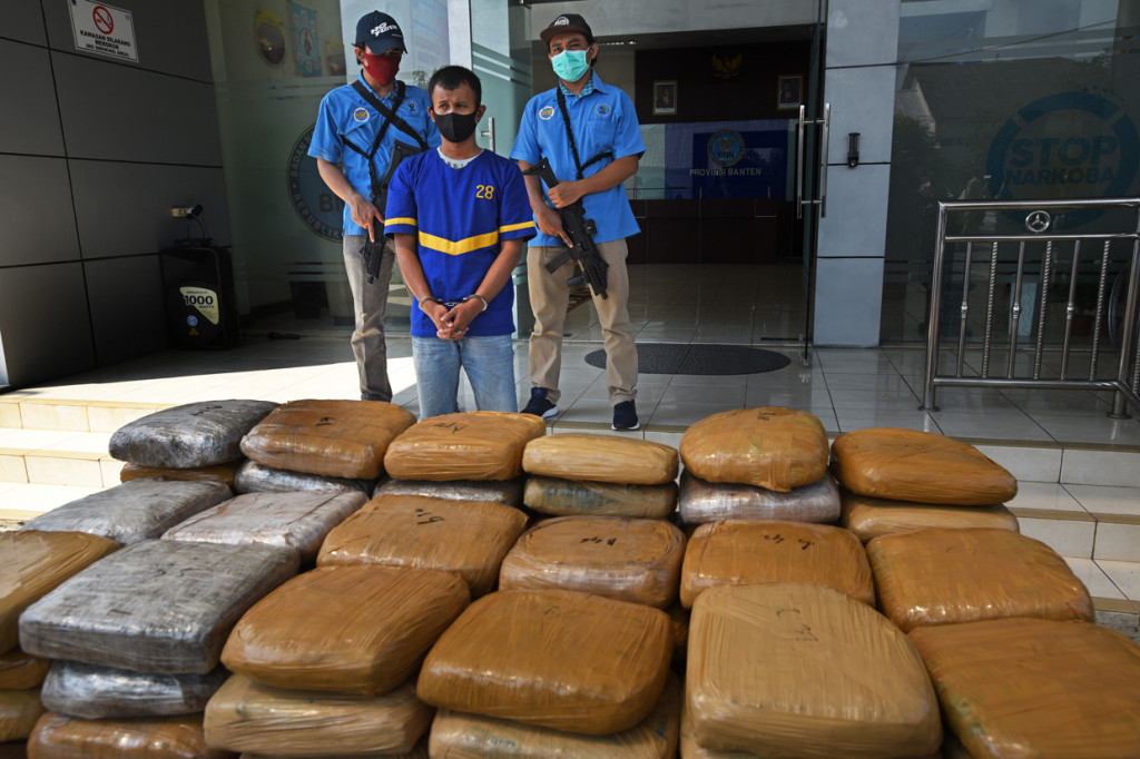 Petugas Badan Narkotika Nasional (BNN) Provinsi Banten menunjukkan AS (32) tersangka penyelundup ganja dari Aceh beserta barang bukti saat rilis kasus di Serang, Banten.