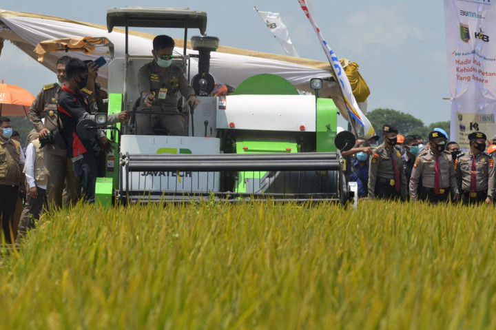 Menteri Pertanian Syahrul Yasin Limpo melakukan panen raya padi di Desa Tempuran, Kecamatan Trimurjo, Lampung Tengah, Lampung, Selasa, 6 Oktober 2020. Kegiatan tersebut dilakukan di sela-sela peluncuran program kartu petani berjaya (PKPB).