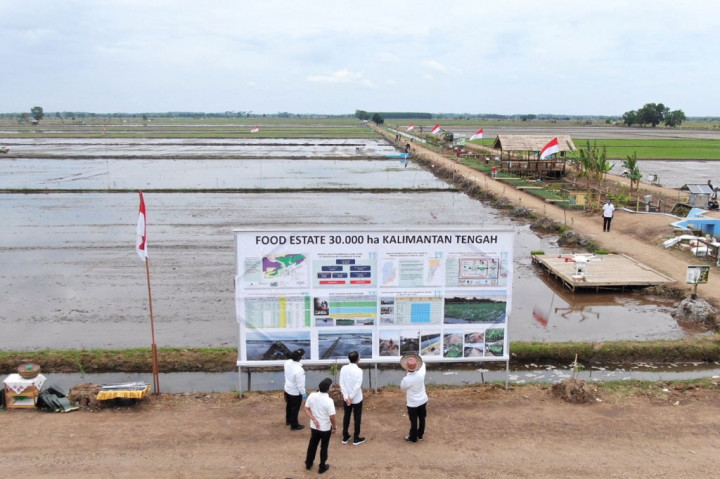 Jokowi meninjau lumbung pangan berikut penanaman padi, keramba ikan, serta peternakan bebek, yang terletak di Kecamatan Pandih Batu dengan didampingi Kepala Staf Kepresidenan Moeldoko, Menteri Pertanian Syahrul Yasin Limpo, dan pejabat terkait lainnya.