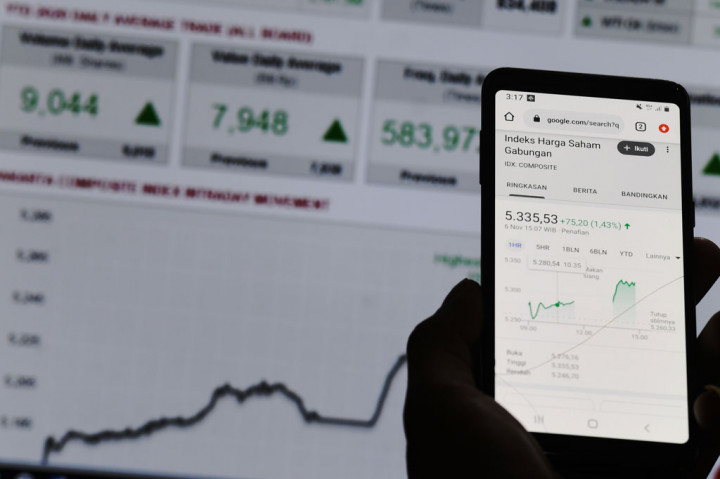 Layar monitor menampilkan pergerakan Indeks Harga Saham Gabungan (IHSG) pada perdagangan saham di Jakarta, Jumat, 6 November 2020. 