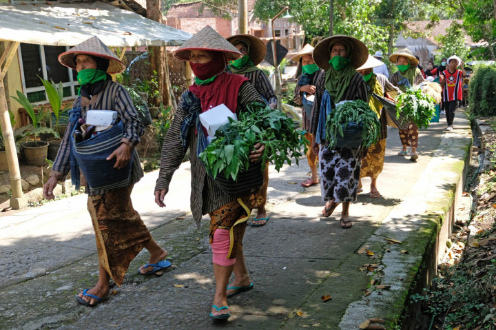 Sejumlah warga membawa berbagai hasil bumi saat mengikuti kirab sedekah bumi Punthuk Setumbu, di dusun Kurahan, Karangrejo, Borobudur, Magelang, Jateng.

