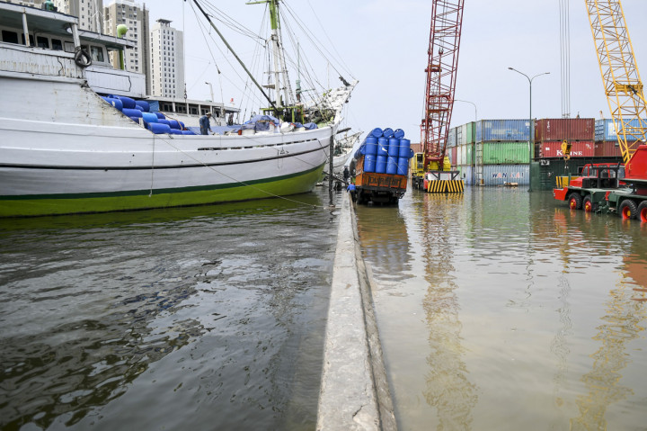 Banjir di kawasan tersebut diduga akibat adanya tanggul yang jebol saat naiknya permukaan air laut di pesisir utara Jakarta.