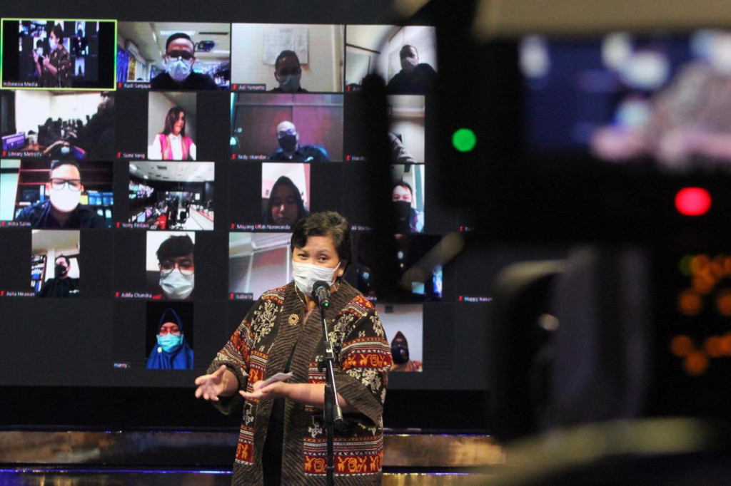 Deputy Chairman Media Group Lestari Moerdijat memeberikan sambutan pada puncak peringatan harijadi Metro TV di Grand Studio, Jakarta.