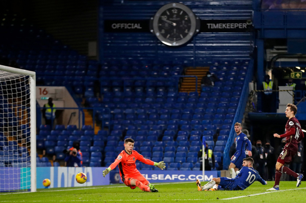Christian Pulisic mencetak gol ke gawang Leeds United. AFP Photo/Matthew Childs