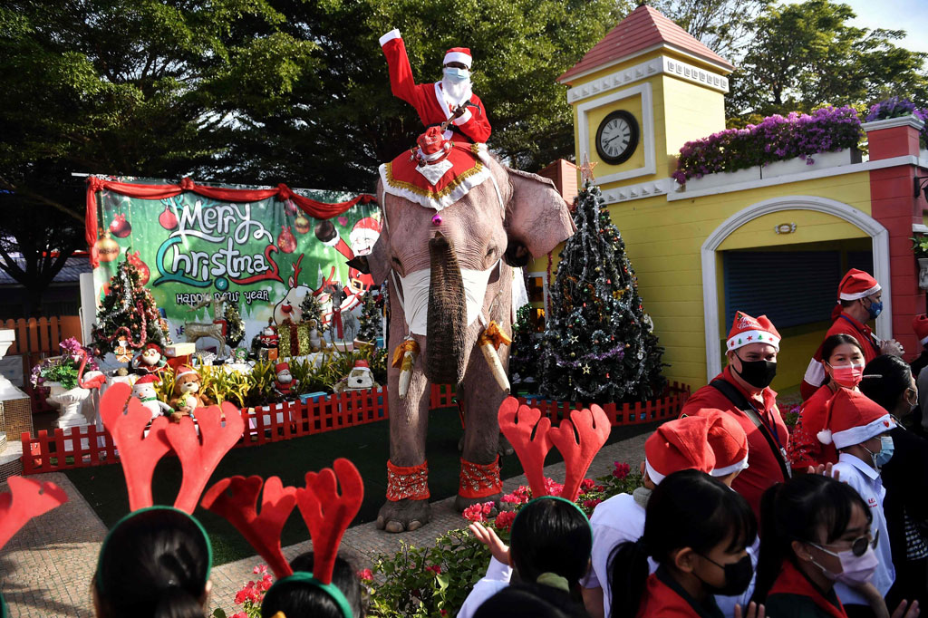 Anak-anak yang bersemangat dari Sekolah Jirasat Wittaya di Ayutthaya, satu jam perjalanan dari ibu kota Bangkok, menyanyikan lagu-lagu Natal dan berbaris untuk berfoto bersama hewan raksasa tersebut dalam tradisi tahunan.
