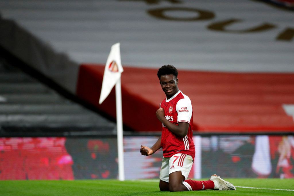 Arsenal memperbesar keunggulan menjadi 3-0 di babak kedua lewat Bukayo Saka. AFP Photo/Andrew Boyers