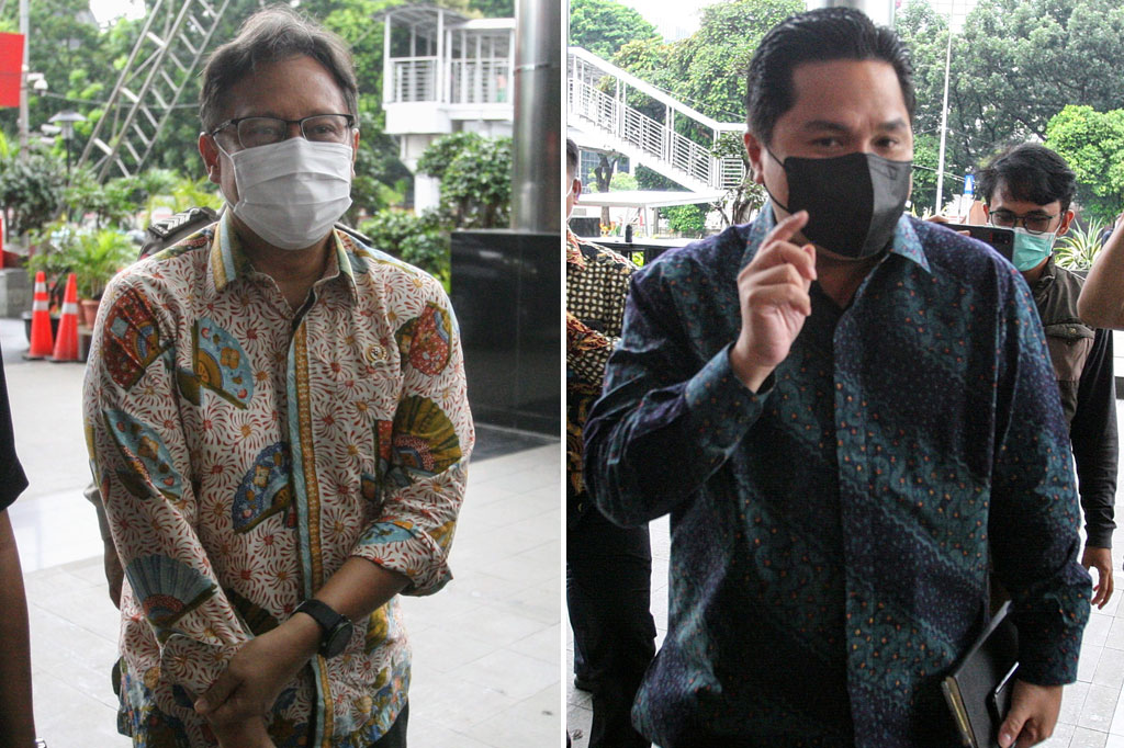 Menteri Kesehatan (Menkes) Budi Gunadi Sadikin dan Menteri Badan Usaha Milik Negara (BUMN) Erick Thohir menyambangi Gedung Komisi Pemberantasan Korupsi (KPK), Jakarta, Jumat, 8 Januari 2021. Kedatangan mereka guna membahas pengadaan vaksin covid-19.