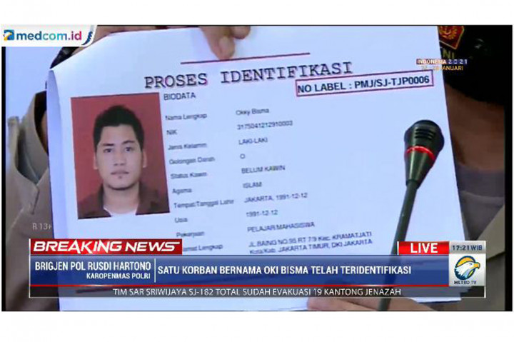 Tim Disaster Victim Identification Polri berhasil mengidentifikasi satu jenazah korban kecelakaan Sriwijaya Air SJ-182. 