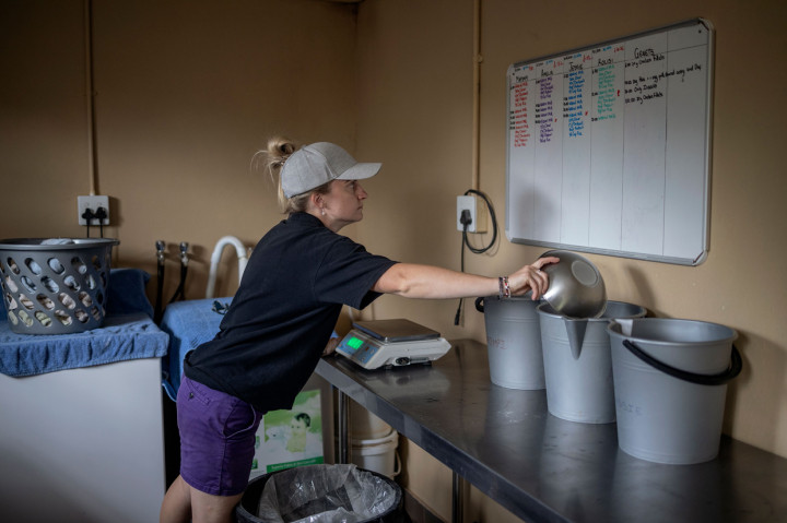 Para pengasuh dan relawan tinggal bersama anak badak yang mereka rawat.