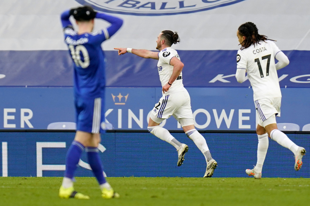 Jack Harrison melakukan selebrasi usai mencetak gol ke gawang Leicester City. AFP Photo/Tim Keeton