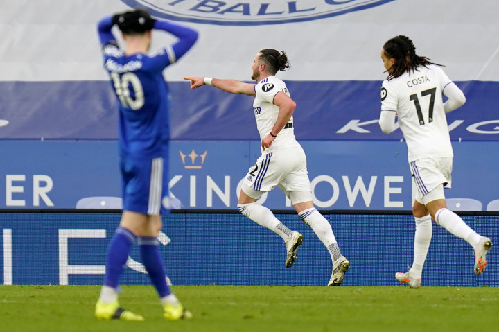 Jack Harrison melakukan selebrasi usai mencetak gol ke gawang Leicester City. AFP Photo/Tim Keeton