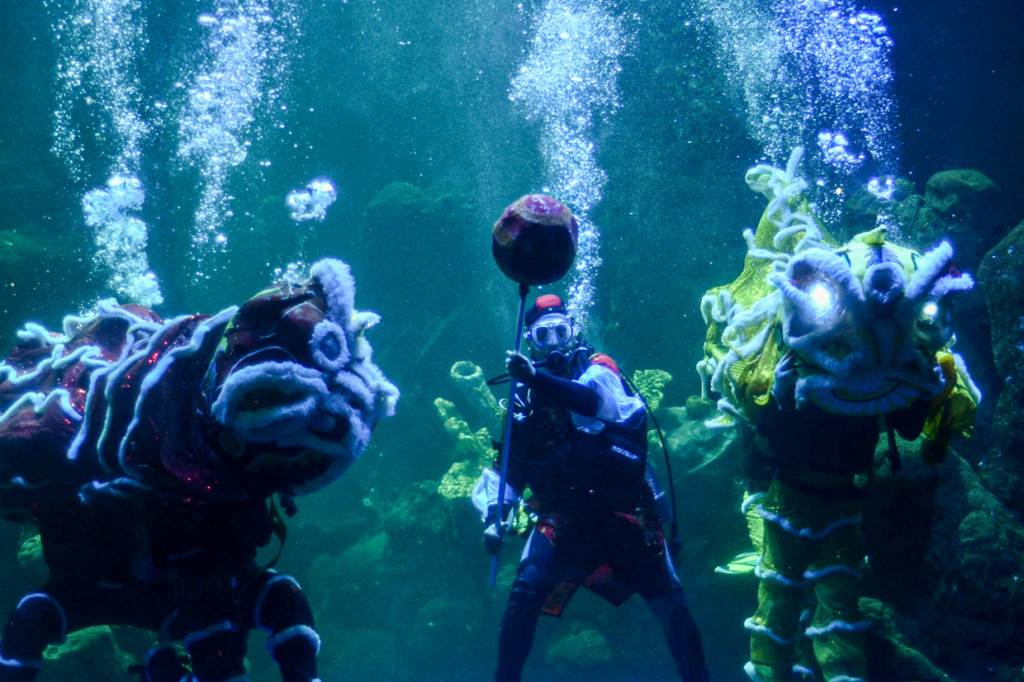 Sejumlah penyelam dengam kostum Barongsai melakukan atraksi di dalam akuarium Sea World, Ancol, Jakarta, Rabu, 10 Februari 2021.