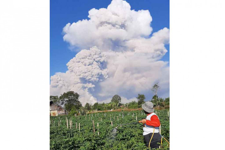 Gunung Sinabung erupsi pada Selasa pagi dengan tinggi kolom 5.000 meter di atas puncak. 