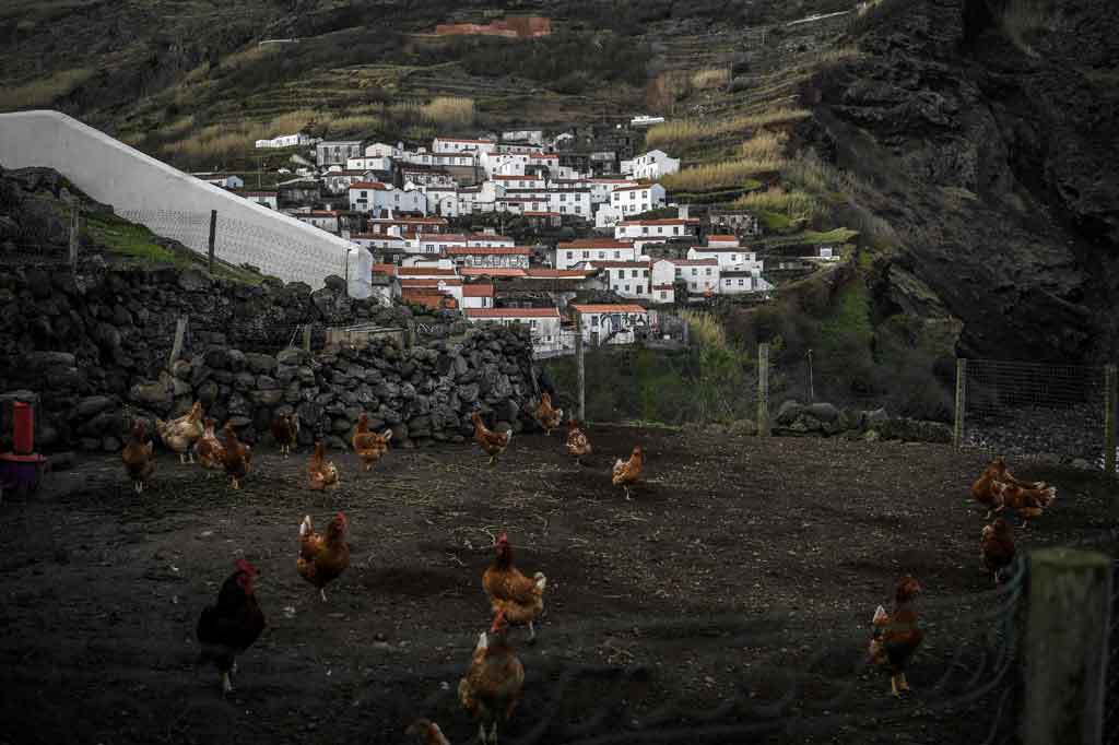 Bentang lahan permukiman penduduk di Vila do Corvo di Azores, Portugal, didokumentasikan pada Kamis, 11 Maret 2021. Meski pulau terkecil di Azores yang didominasi kawah gunung berapi tersebut terletak ratusan kilometer dari Benua Eropa, hampir seluruh penduduk di Vila do Corvo telah divaksinasi.