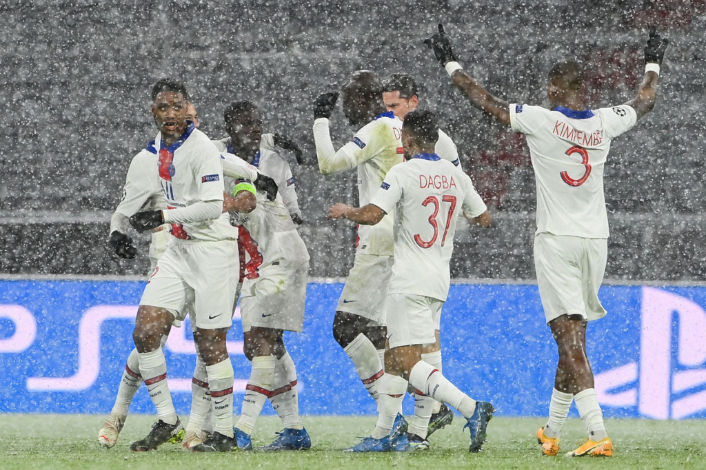 Marquinhos melakukan selebrasi usai mencetak gol ke gawang Bayern Muenchen.