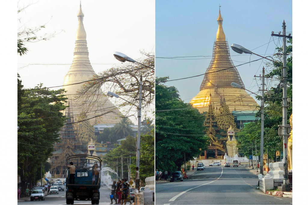 Foto kombinasi menunjukkan (kiri) para pemuda yang melemparkan air ke jalan di pagoda Shwedagon saat mereka mengambil bagian dalam perayaan yang menandai dimulainya Tahun Baru Buddha, atau Thingyan seperti yang dikenal secara lokal, di Yangon pada 14 April 2017, dan (kanan) pemandangan umum dari jalan yang sama pada hari kedua Thingyan di Yangon pada 14 April 2021, saat tindakan keras besar-besaran berlanjut oleh pasukan keamanan saat melakukan demonstrasi anti kudeta militer.