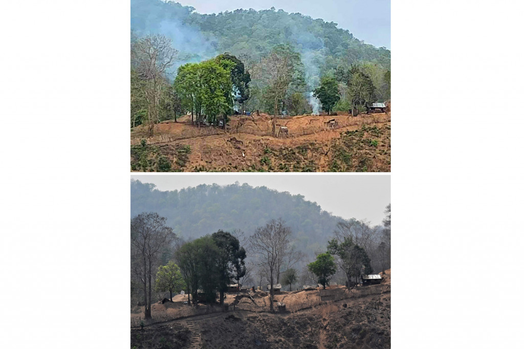 Gambar atas diambil pada 27 April 2021, menunjukkan asap membubung dari pangkalan militer Myanmar di sepanjang tepi sungai Salween, seperti yang terlihat dari kota Mae Sam Laep di provinsi Mae Hong Son Thailand, setelah pangkalan itu diserang dan ditangkap oleh Persatuan Nasional Karen (KNU), dan gambar bawah adalah lokasi yang sama di Mae Sam Laep pada 31 Maret 2021.
