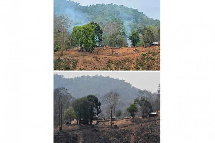 Gambar atas diambil pada 27 April 2021, menunjukkan asap membubung dari pangkalan militer Myanmar di sepanjang tepi sungai Salween, seperti yang terlihat dari kota Mae Sam Laep di provinsi Mae Hong Son Thailand, setelah pangkalan itu diserang dan ditangkap oleh Persatuan Nasional Karen (KNU), dan gambar bawah adalah lokasi yang sama di Mae Sam Laep pada 31 Maret 2021.